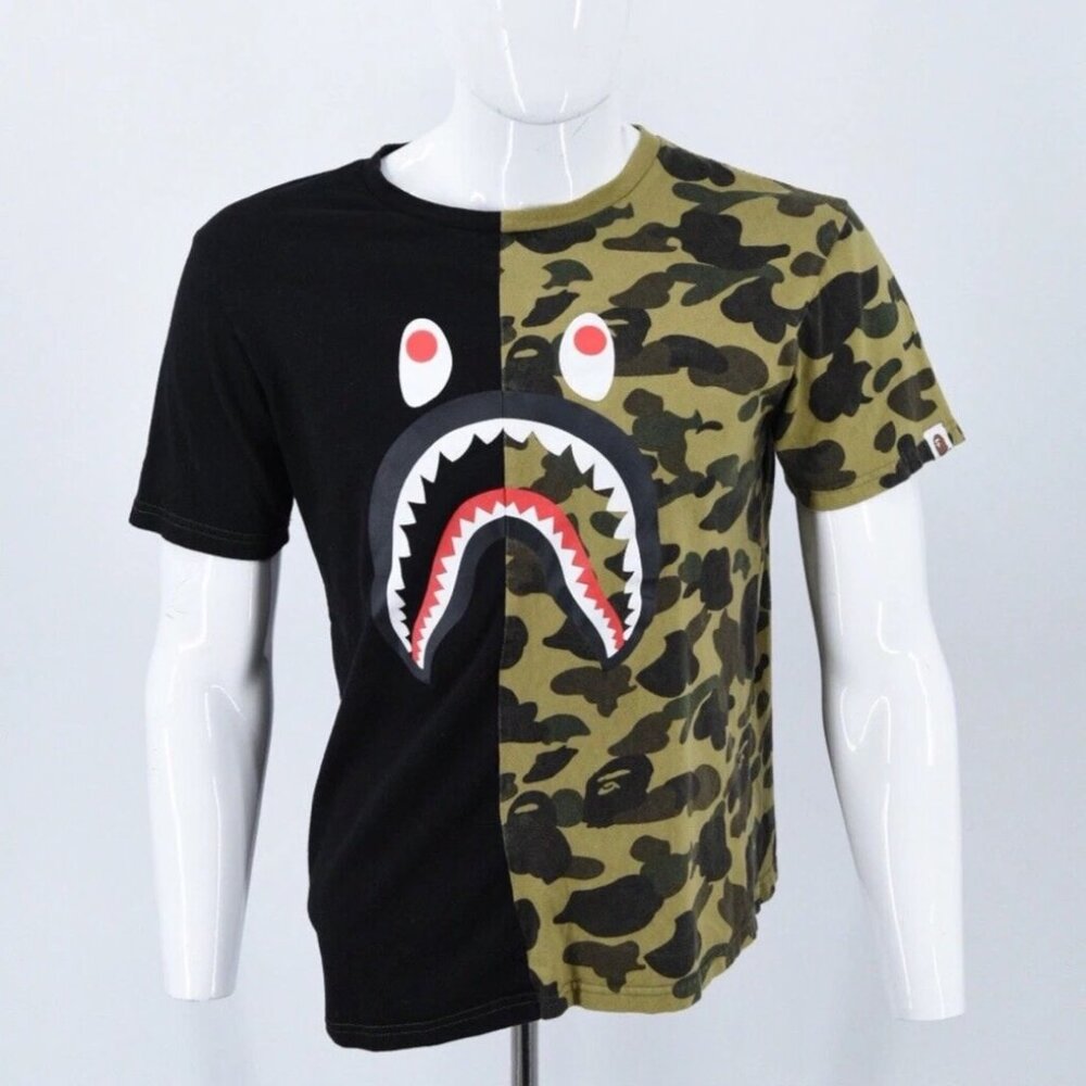 EUC Bathing Ape WGM BAPE Vintage Green Camo/Black Shark Monster T-Shirt sz L